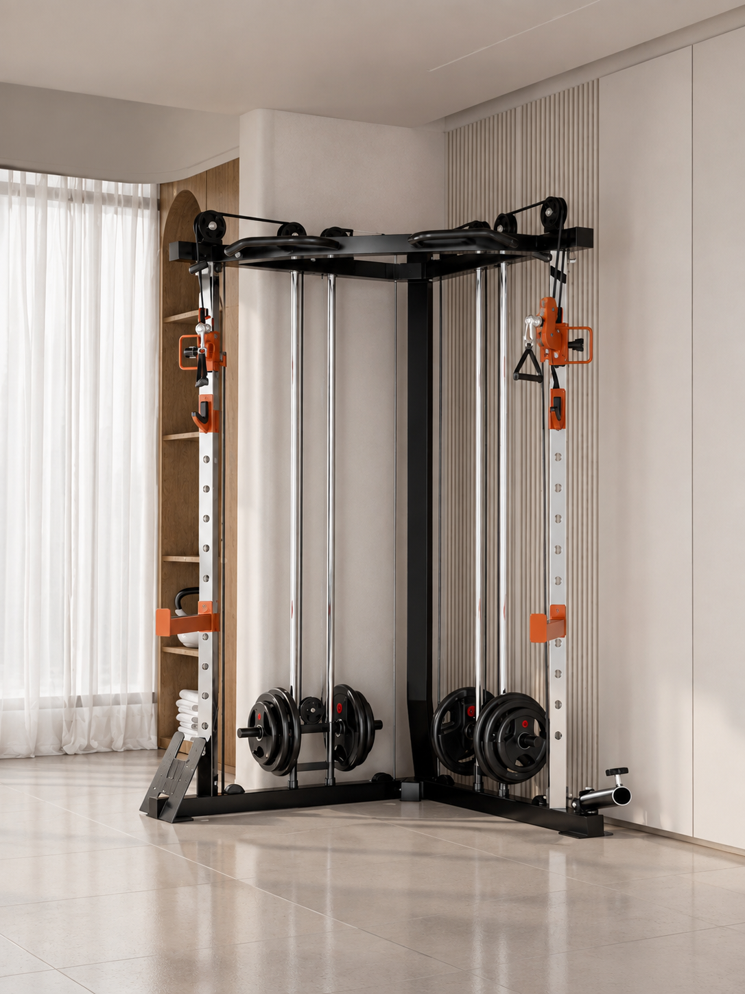 A black and silver cable pulley gym machine with orange accents and weight plates, set up in a modern, minimalist home gym with beige walls and a tiled floor.