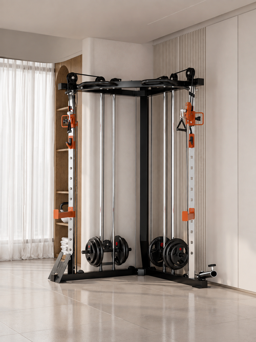 A black and silver cable pulley gym machine with orange accents and weight plates, set up in a modern, minimalist home gym with beige walls and a tiled floor.
