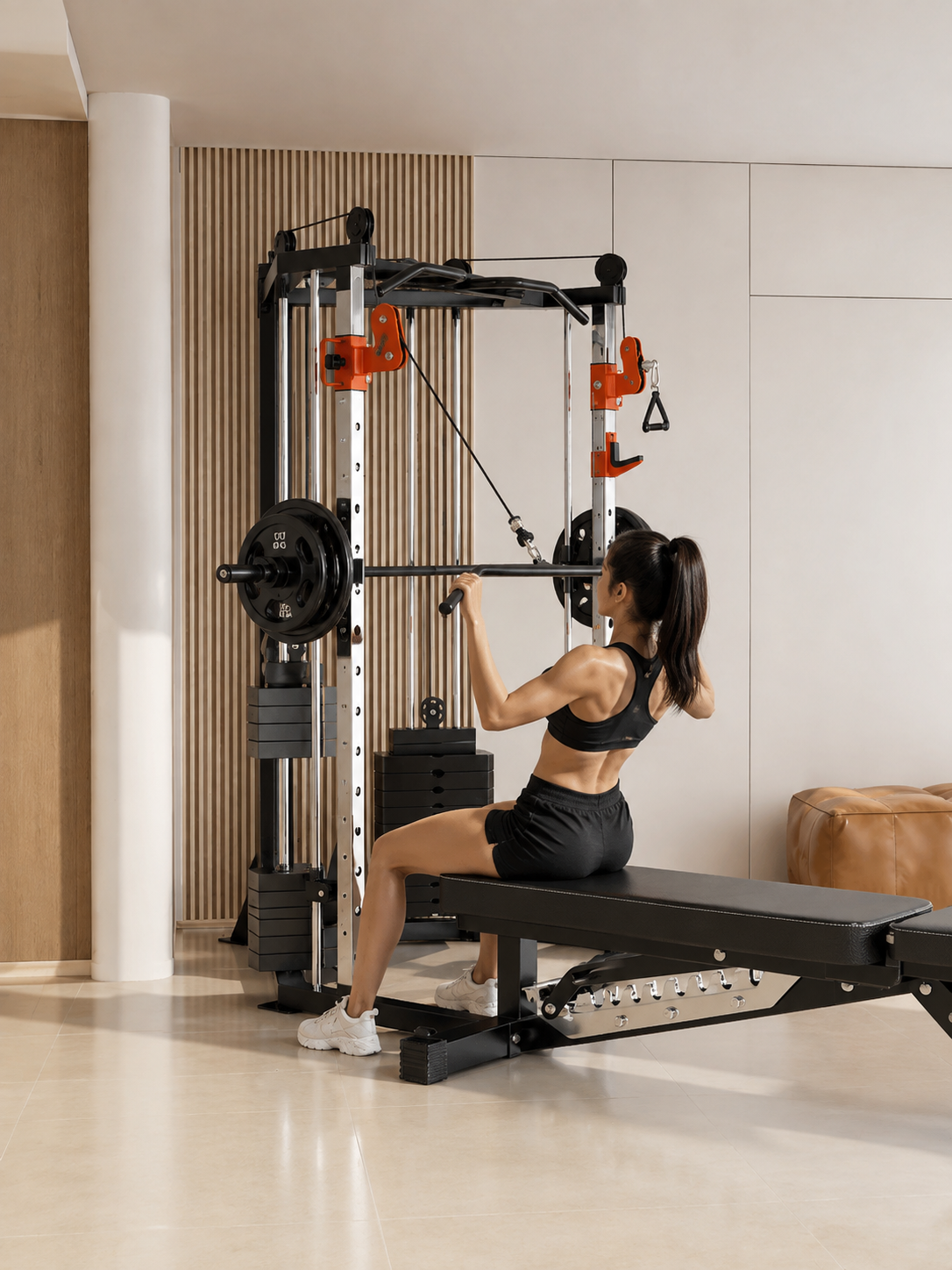 A woman in a gym sits on a weight bench using a cable pulley exercise machine with a barbell, in a modern fitness room setting.