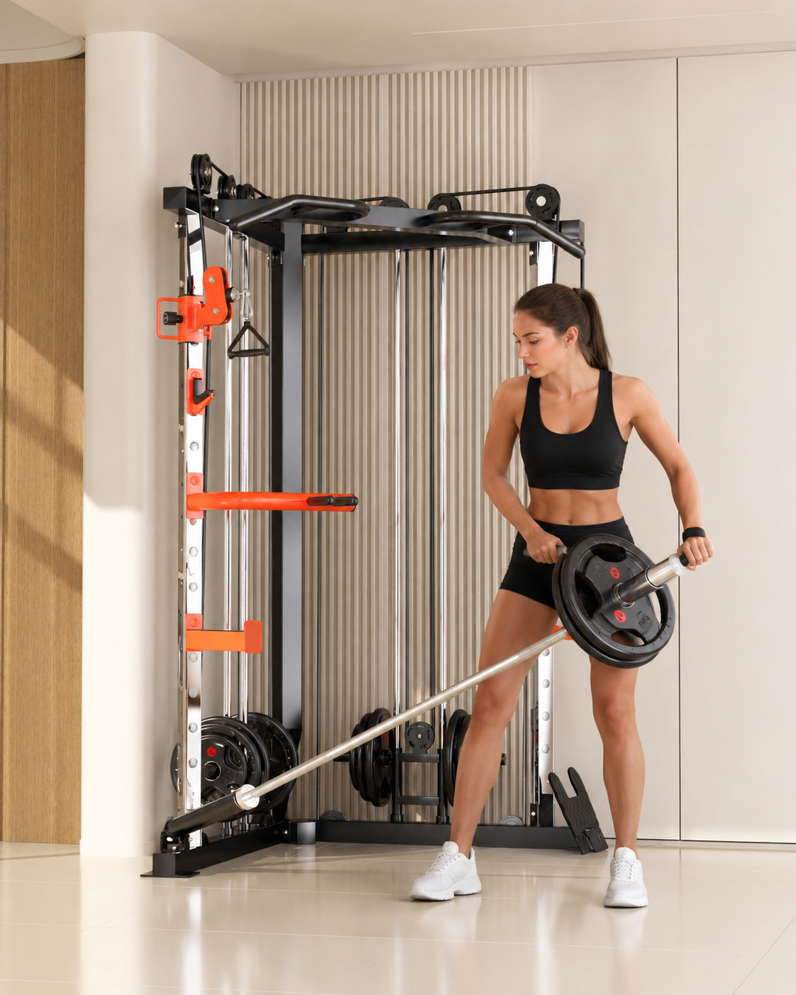 A woman in a black sports bra and shorts uses a cable pulley exercise machine with a barbell loaded with weight plates in a bright, modern gym setting.
