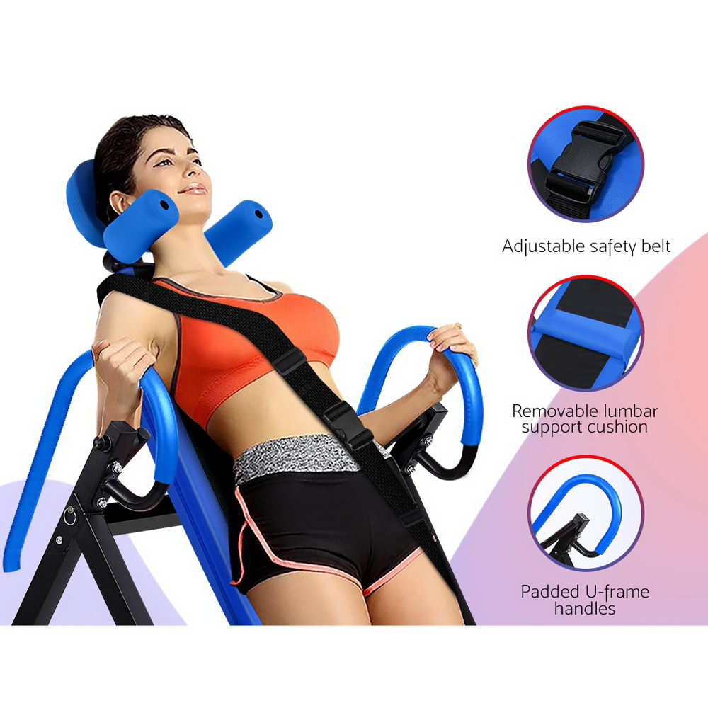 Woman using Everfit Inversion Table Blue Gravity Exercise Inverter Back Stretcher Home Gym Blue with adjustable safety belt and lumbar cushion