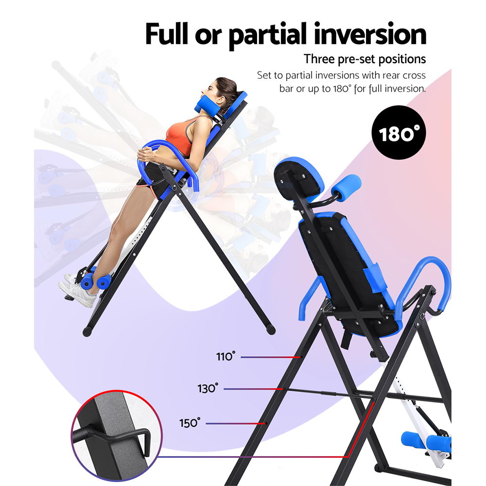 Person using Everfit Inversion Table Blue at 180 degrees for back stretching.