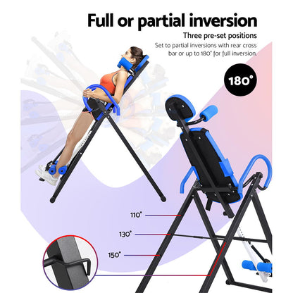 Person using Everfit Inversion Table Blue at 180 degrees for back stretching.