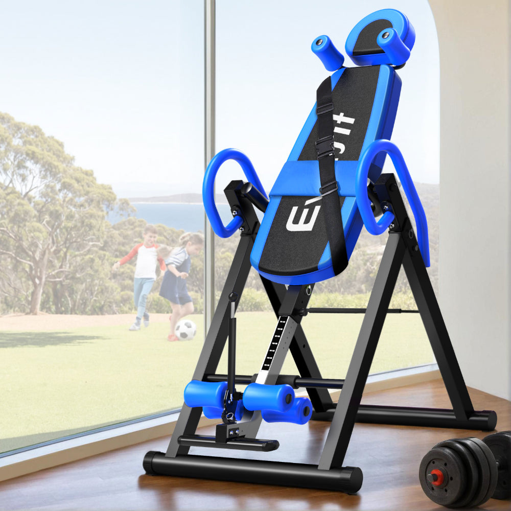 Everfit Inversion Table Blue for effective spinal decompression and posture relief at home, featuring adjustable angles and padded backrest.