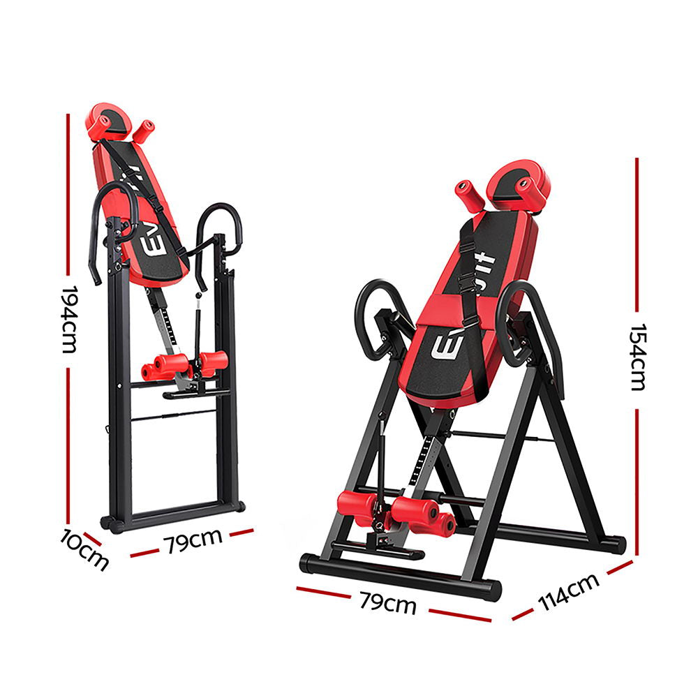 Everfit Inversion Table Red with detailed dimensions showcasing its ergonomic design for home gym use.