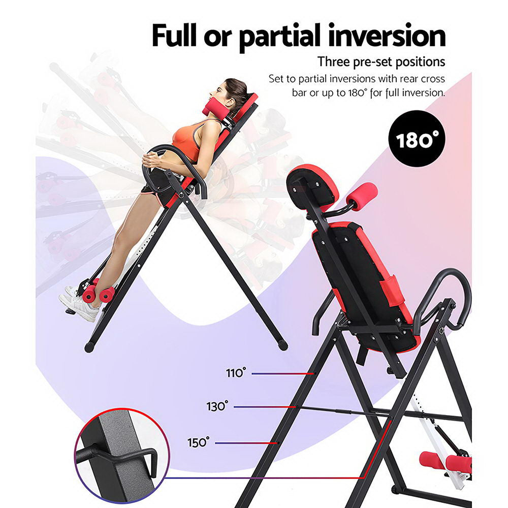 Person using Everfit Inversion Table Red for back relief and spinal health with adjustable angles of inversion.