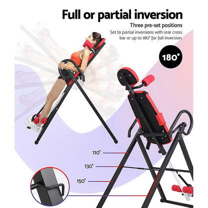 Person using Everfit Inversion Table Red for back relief and spinal health with adjustable angles of inversion.