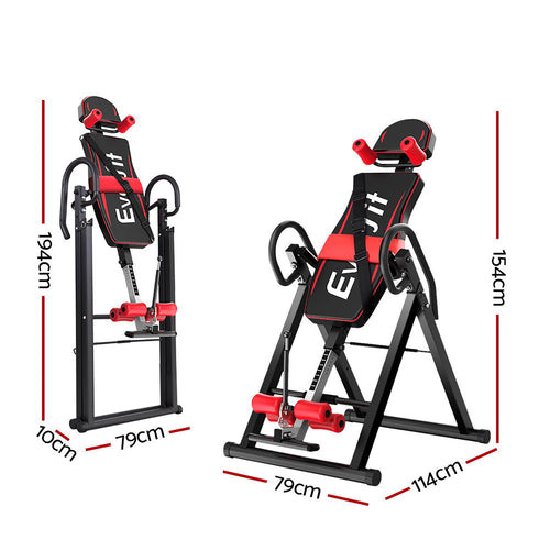 Inversion Table Gravity Back Stretcher, foldable design for home gym use, shown in two positions with measurement details.