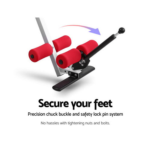 Inversion Table secure foot system with precision chuck buckle and safety lock pin for stability.