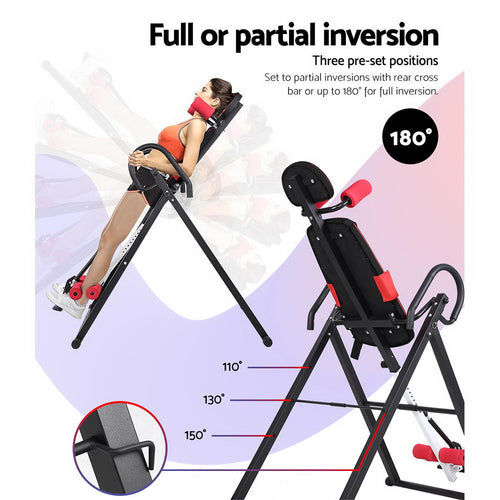 Woman using Inversion Table Gravity Back Stretcher with multiple angle settings, ideal for home gym flexibility and muscle relaxation.