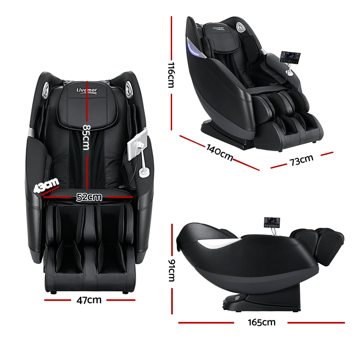 Dimensions of the 3D Massage Chair, showcasing different angles and size measurements for optimal placement.