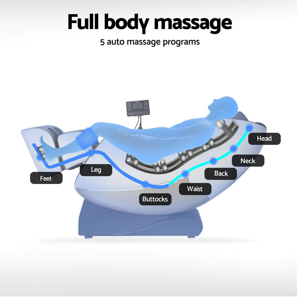 Diagram of Livemor Beryl Massage Chair showing full body massage with labeled target areas and five auto massage programs.