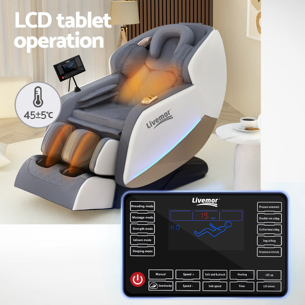Massage Chair Livemor Beryl Electric Recliner with LCD tablet operation and heat therapy functions.