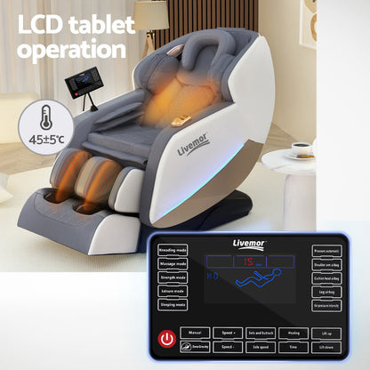 Massage Chair Livemor Beryl Electric Recliner with LCD tablet operation and heat therapy functions.
