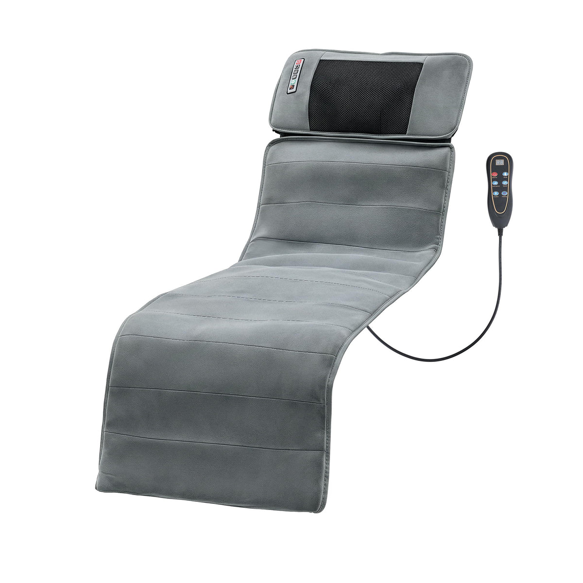 Massage mat with heat and vibration featuring a sleek design and remote control for full body relaxation.