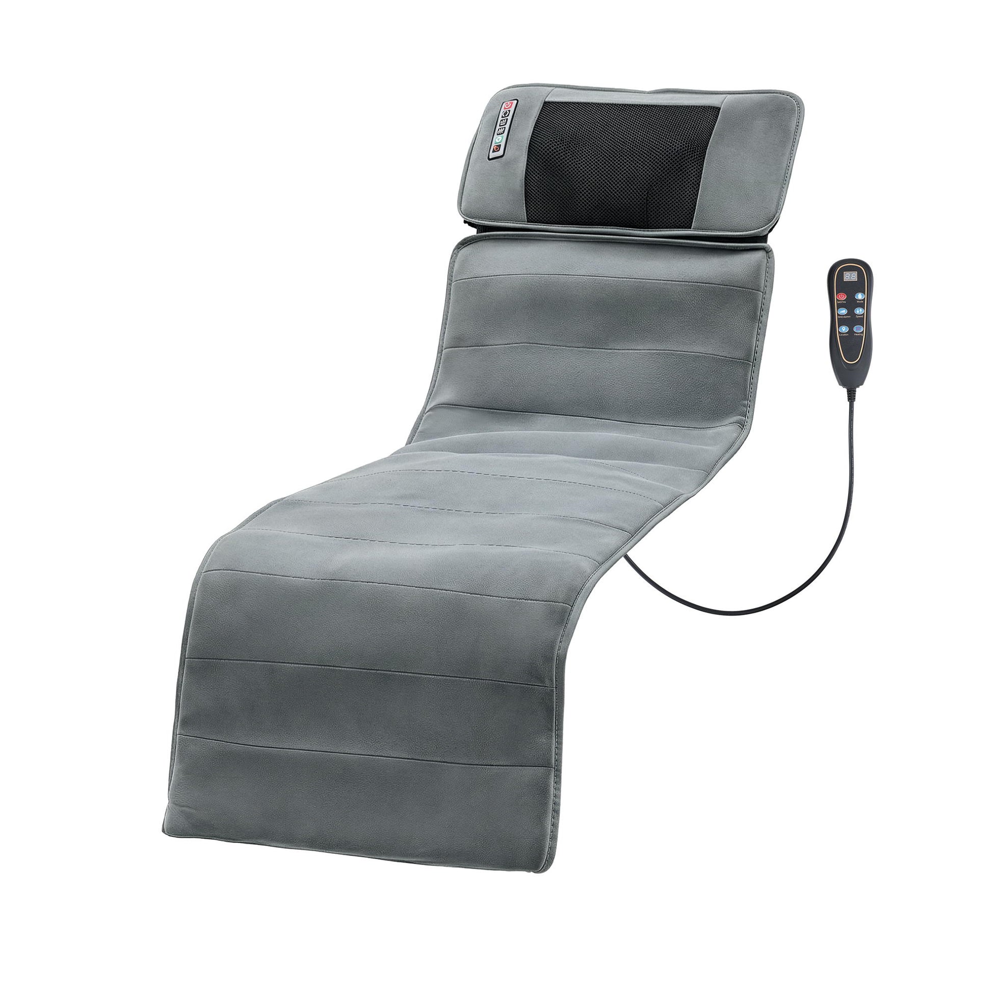 Massage mat with heat and vibration featuring a sleek design and remote control for full body relaxation.