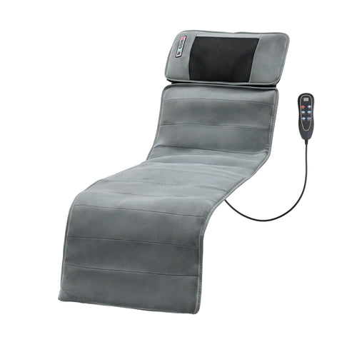 Massage mat with heat and vibration featuring a sleek design and remote control for full body relaxation.