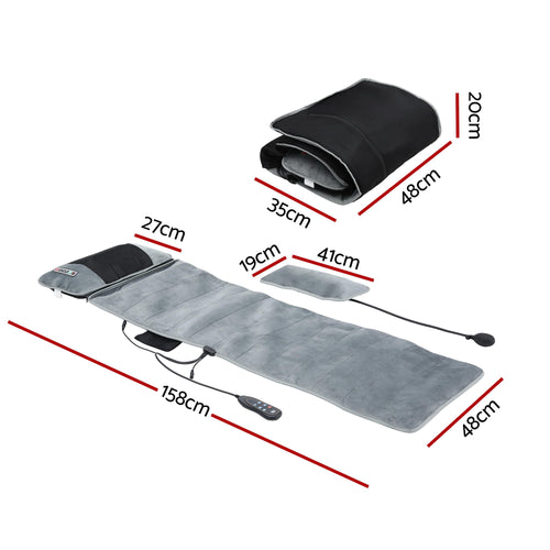 Massage mat with heat and vibration displaying its dimensions and features for full body relaxation.