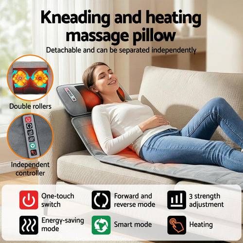 Massage mat with heat and vibration features 10 motors, 9 modes, adjustable strength, and 3-level heating for relaxation.