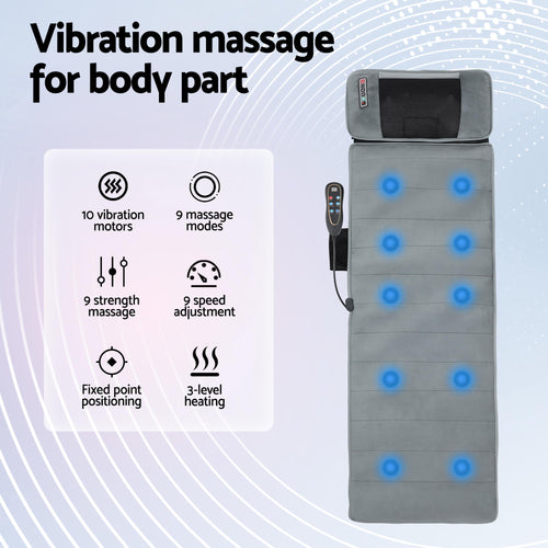 Massage mat with heat and vibration features 10 motors, 9 modes, adjustable strength, and 3-level heating for relaxation.