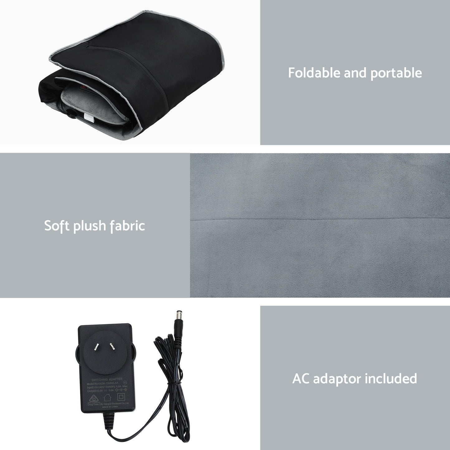 Massage mat with heat and vibration features foldable design, soft plush fabric, and includes an AC adaptor for convenience.