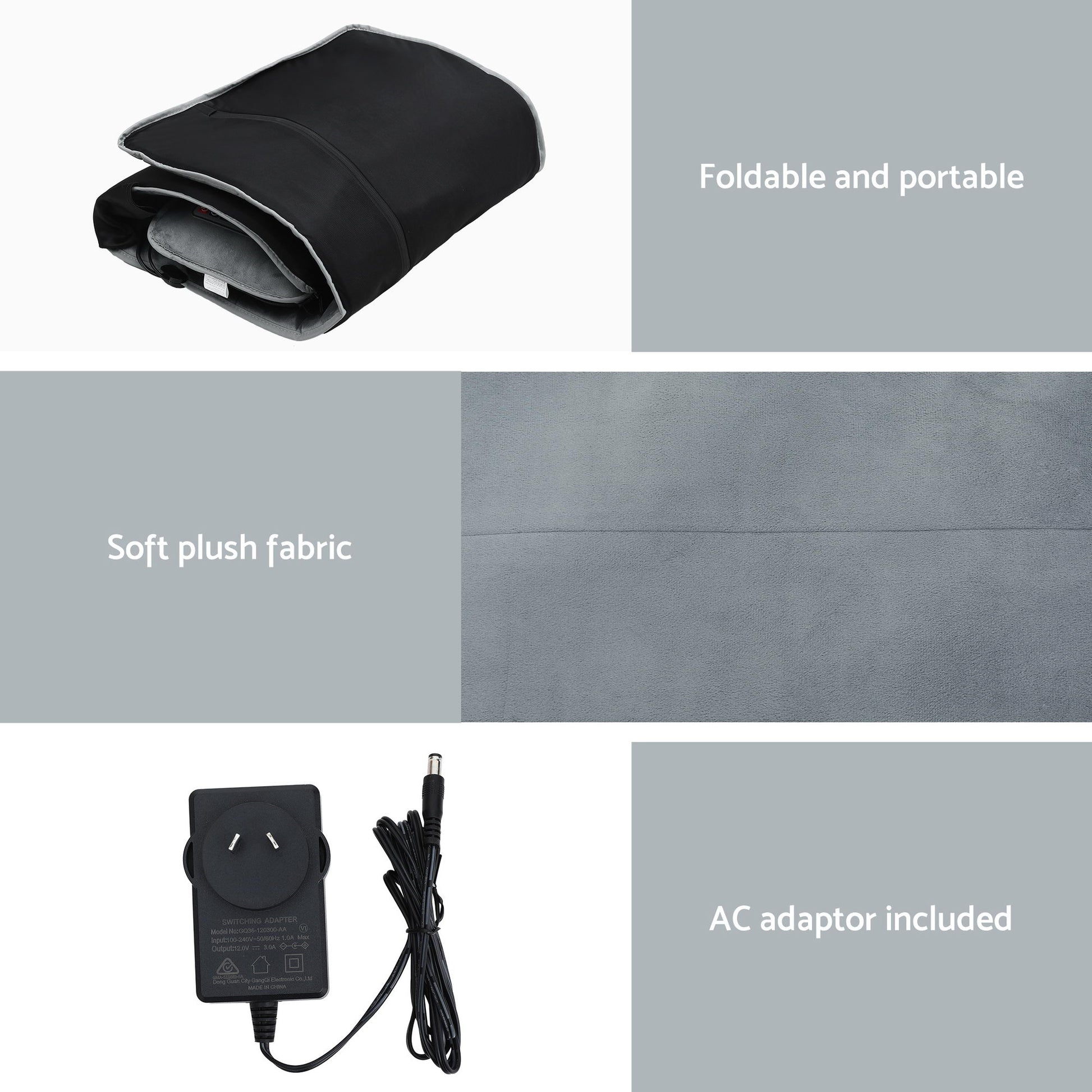 Massage mat with heat and vibration features foldable design, soft plush fabric, and includes an AC adaptor for convenience.