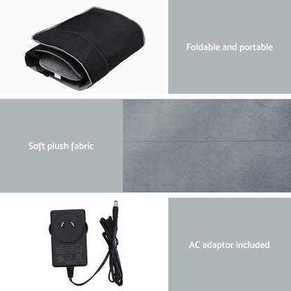 Massage mat with heat and vibration features foldable design, soft plush fabric, and includes an AC adaptor for convenience.