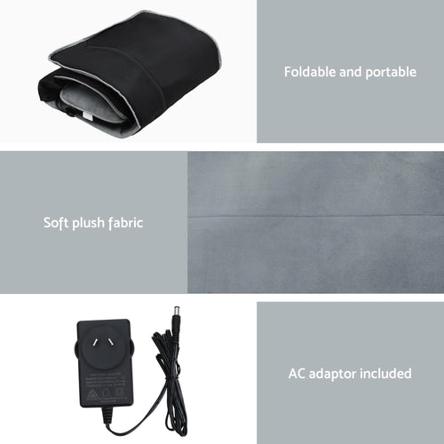 Massage mat with heat and vibration features foldable design, soft plush fabric, and includes an AC adaptor for convenience.