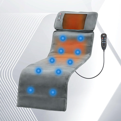 Massage mat with heat and vibration featuring targeted vibration nodes and remote control for full body relaxation.