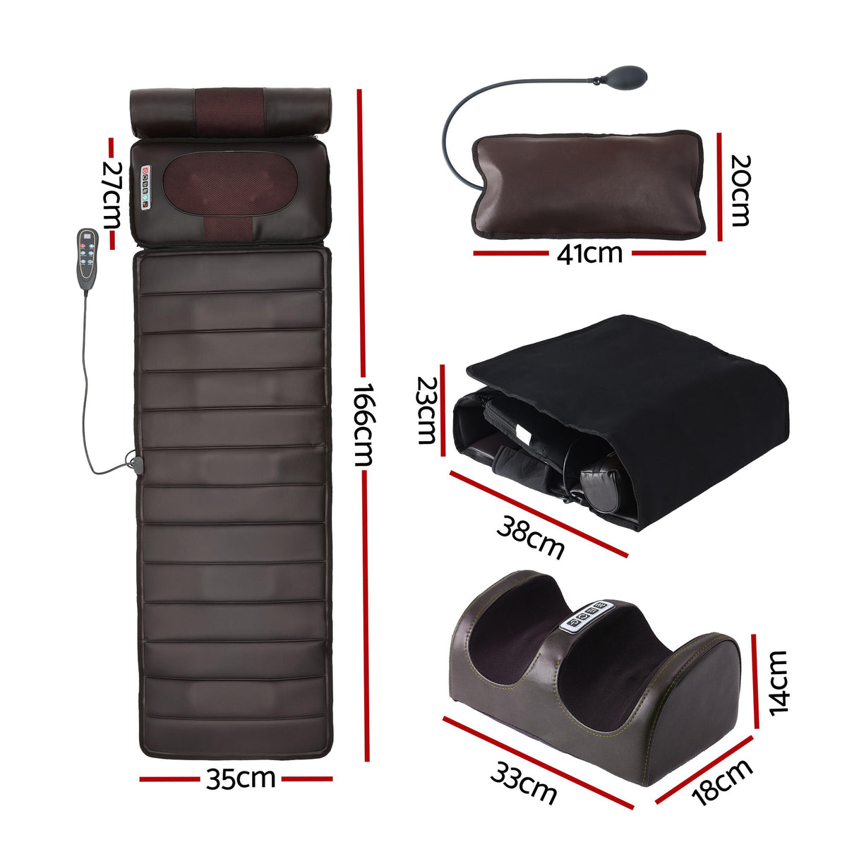 Full body massage mat with foot massager showing dimensions and accessories for advanced relaxation and wellness.