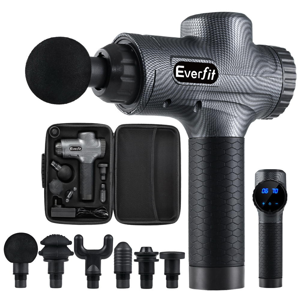 Massage Gun 30 Speed 6 Heads by Everfit featuring multiple heads and case for muscle recovery.