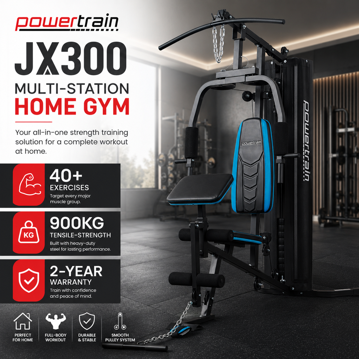Powertrain JX300 multi-station home gym shown in a gym setting with promotional text and feature callouts on the left side.