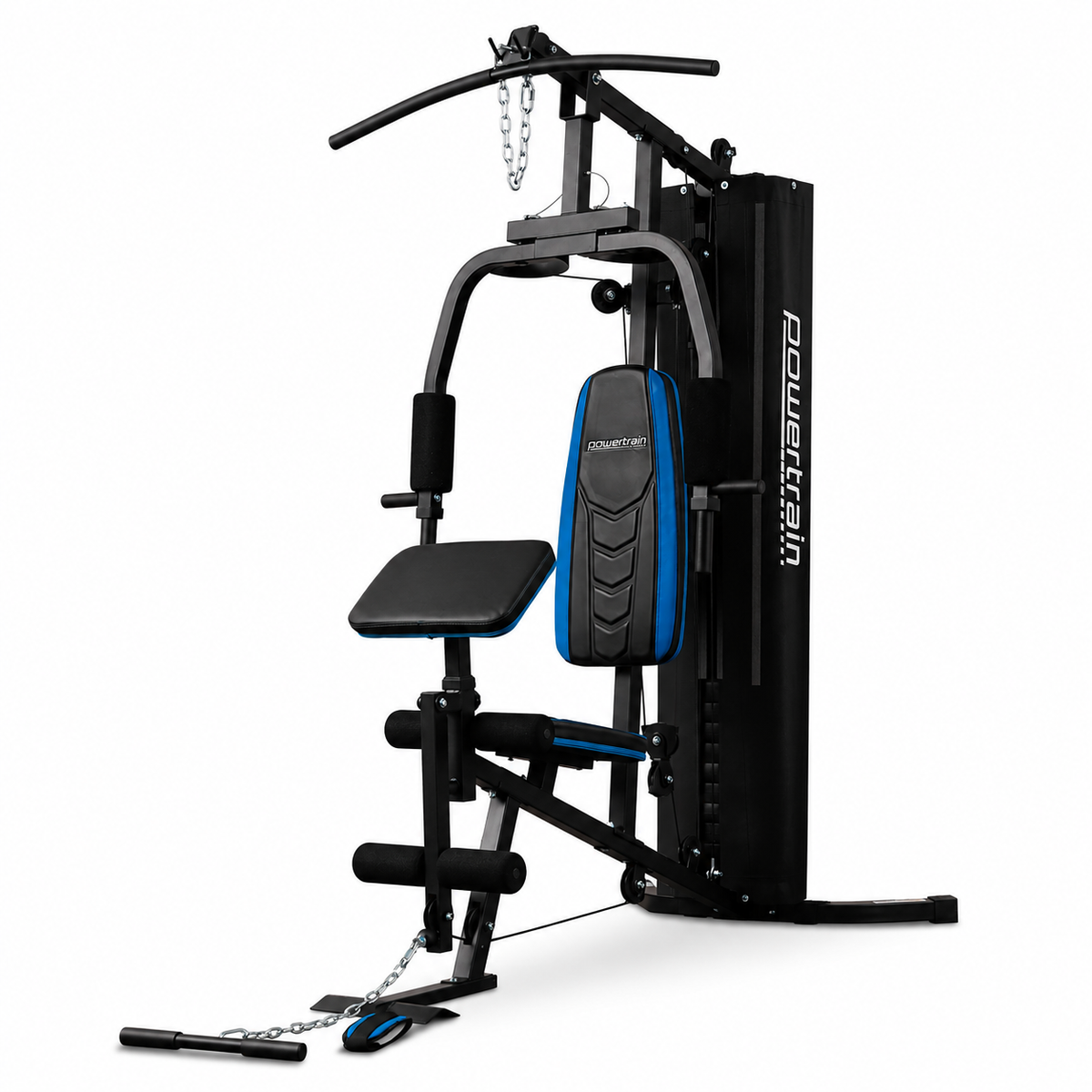 Powertrain home gym multi-functional weight machine with a black and blue padded seat, pull-up bar, and cable attachments on a white background.