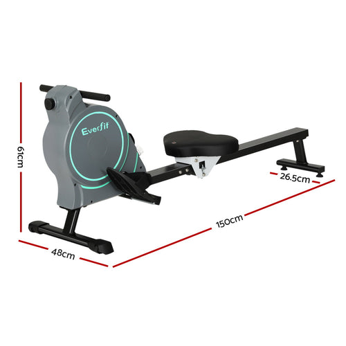 Everfit Rowing Machine showing dimensions, highlighting 16 level magnetic resistance for home cardio workouts.