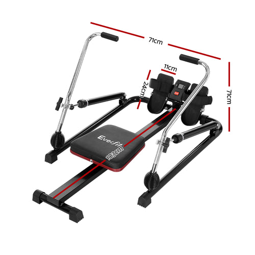Rowing Machine Everfit 12 Level Hydraulic Rower showing dimensions and features for home gym workouts.