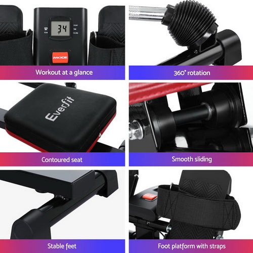 Features of Everfit Rowing Machine including contoured seat, smooth sliding, and stable feet for effective workouts.