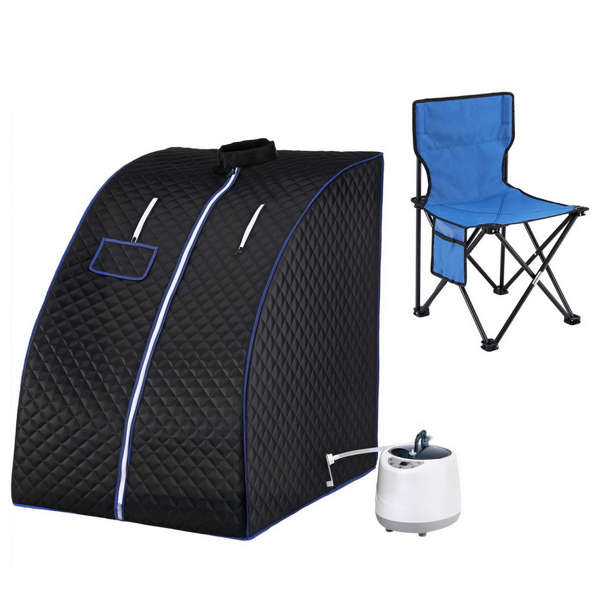 Portable steam sauna tent with 1000W steamer and blue folding chair for home spa relaxation.