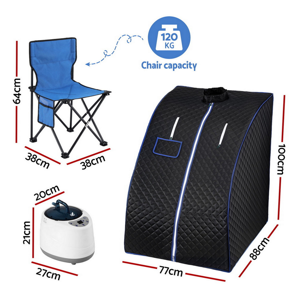 Portable steam sauna tent dimensions and features, showcasing the sauna and steamer for home spa use.