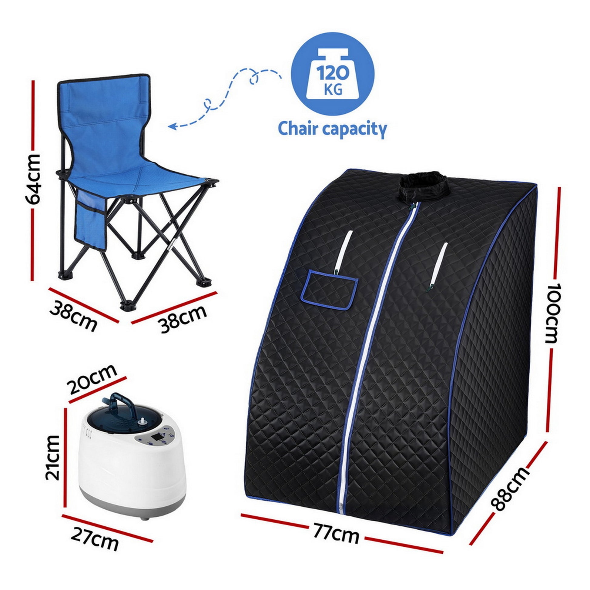 Portable steam sauna tent dimensions and features, showcasing the sauna and steamer for home spa use.