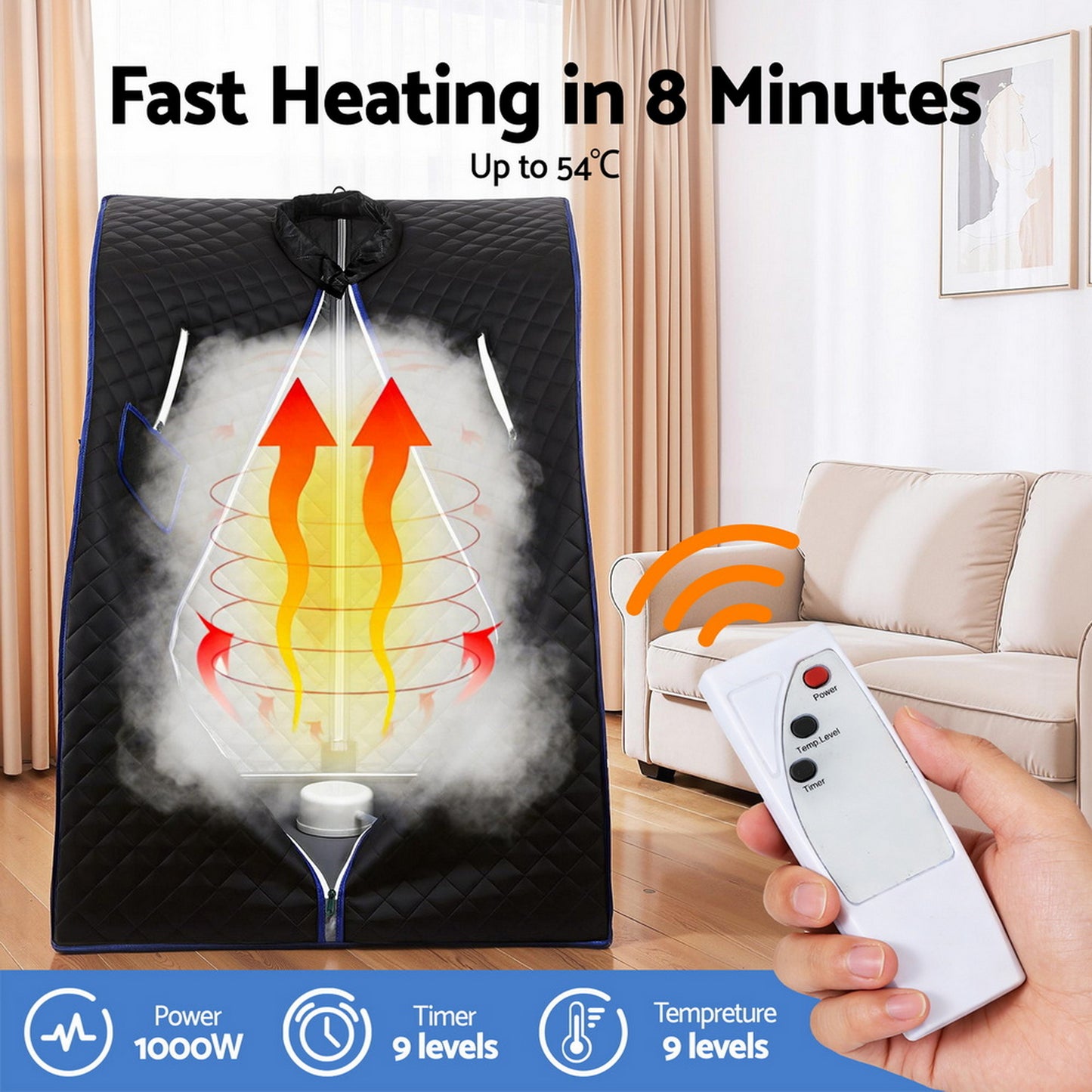 Portable steam sauna tent with fast heating feature, 1000W power and adjustable temperature settings.