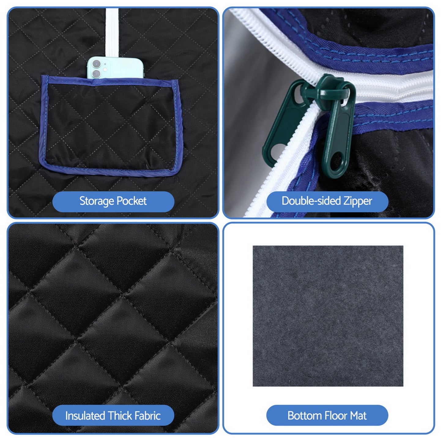 Features of the portable steam sauna tent: storage pocket, double-sided zipper, insulated fabric, bottom floor mat.