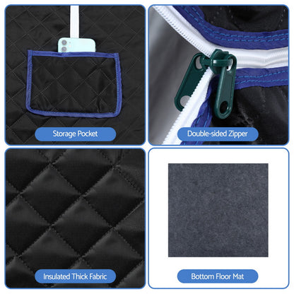 Features of the portable steam sauna tent: storage pocket, double-sided zipper, insulated fabric, bottom floor mat.