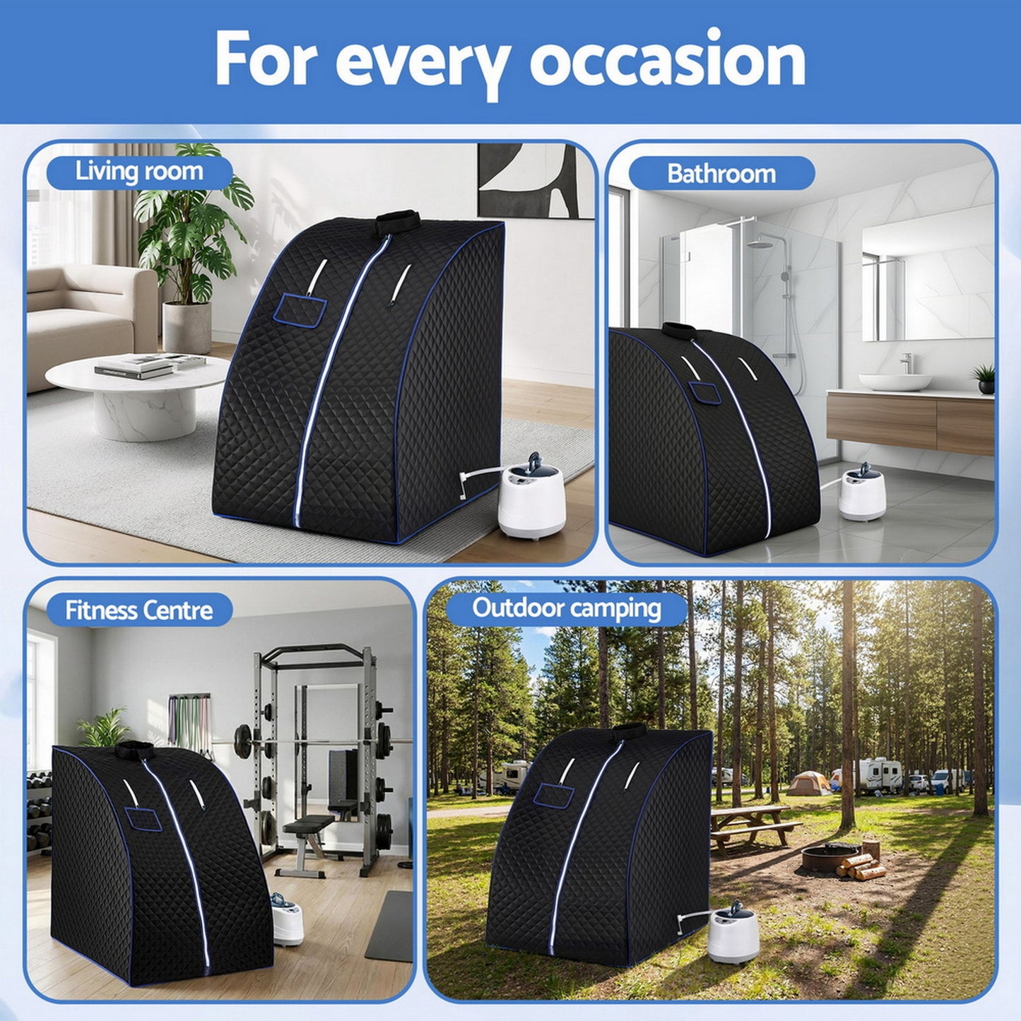Portable steam sauna tent in various settings: living room, bathroom, fitness center, outdoor camping.