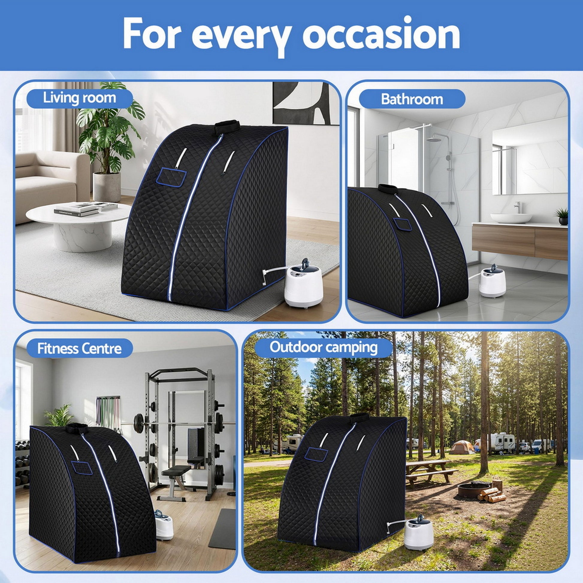 Portable steam sauna tent in various settings: living room, bathroom, fitness center, outdoor camping.