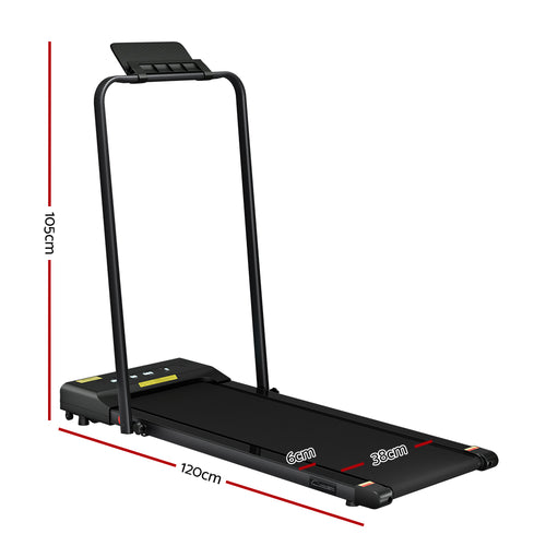 Walking Pad Everfit Under Desk Folding Treadmill dimensions and design with measurements highlighted in black.