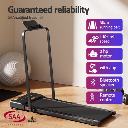 Walking Pad Everfit Under Desk Folding Treadmill with 2HP motor, Bluetooth, and remote control.