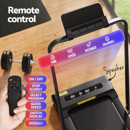 Remote control features of Walking Pad with buttons for time, speed, distance, calories, and speaker.