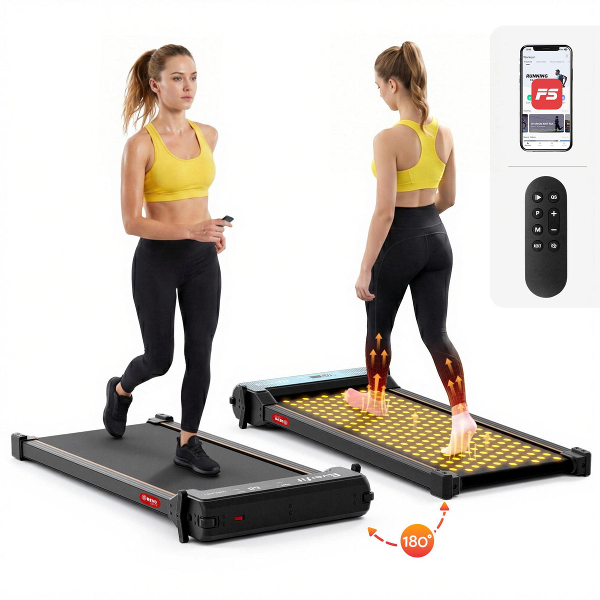 Walking Pad Treadmill featuring a woman jogging and another relaxing with foot massage, ideal for home use.