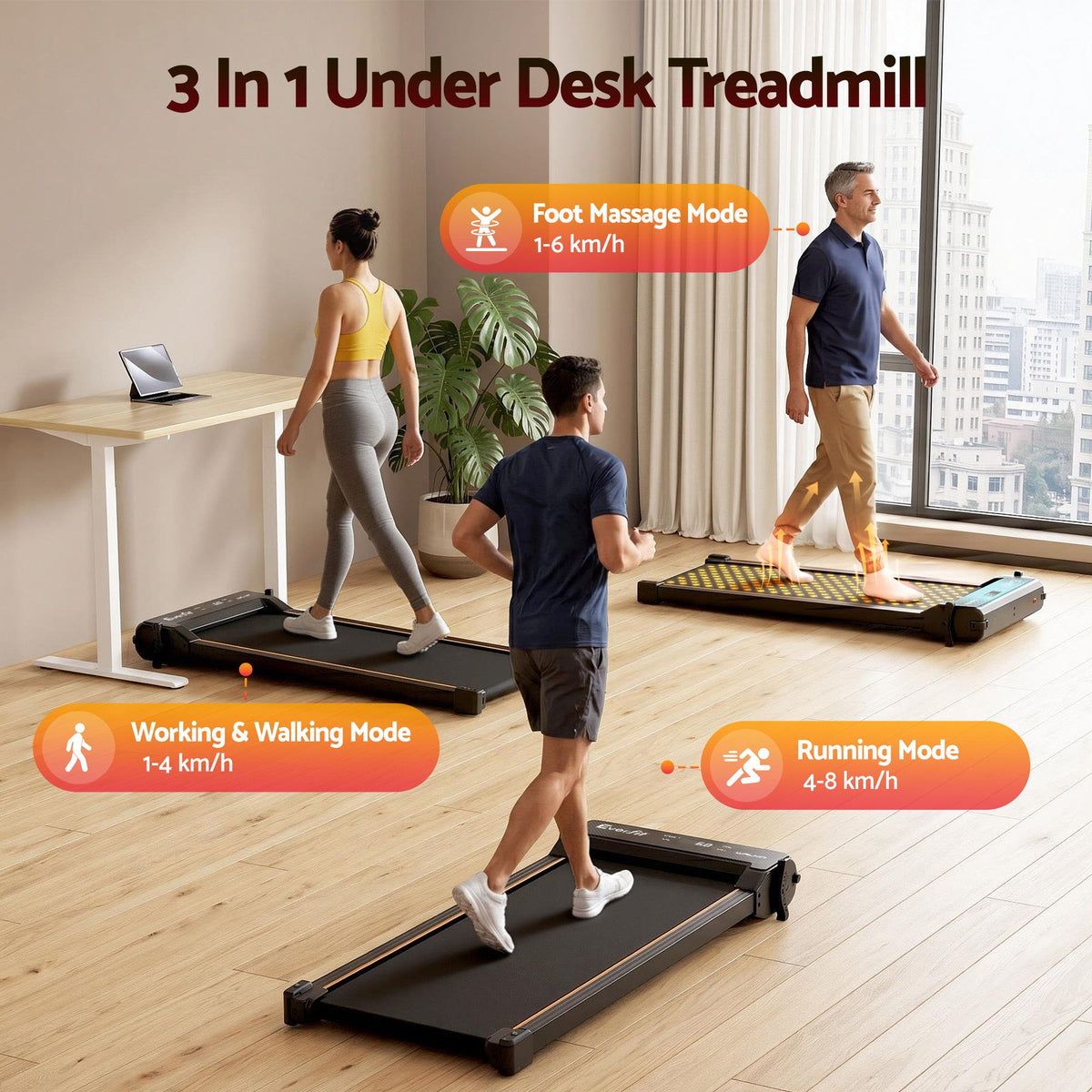 Walking Pad Treadmill in use, showcasing foot massage, working, and running modes, ideal for home fitness.