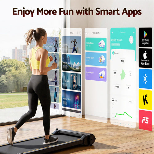 Woman using Walking Pad Treadmill while interacting with smart apps for fitness tracking and reports.